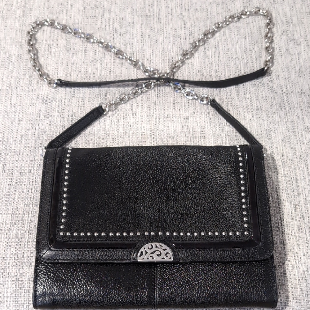 Brighton Black Leather Studded Crossbody Bag with Silver Chain Strap